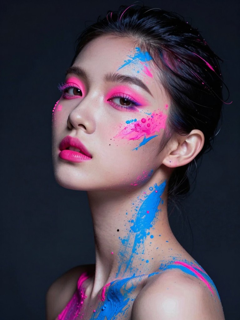 강렬한 네온 물감이 튀는 AI 생성 아트 인물 사진