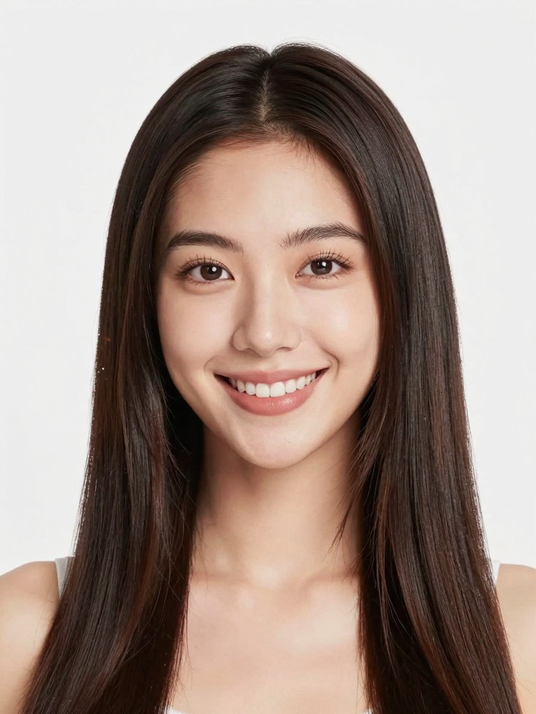 Woman with natural dark hair before AI hair color change