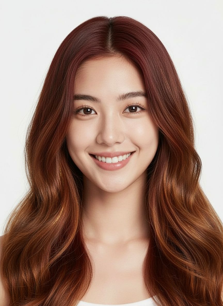 Woman after AI hair color changer applied warm auburn wavy style