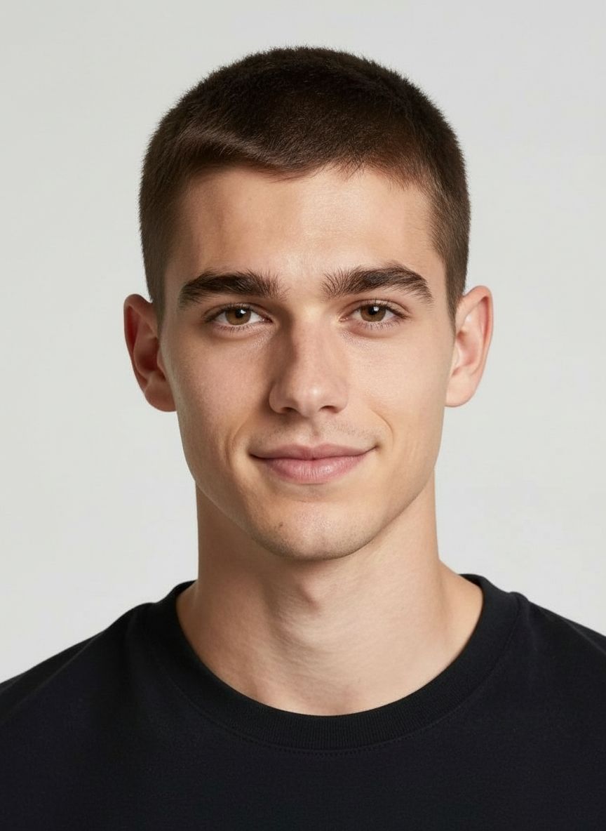 Man after AI hairstyle changer applied clean buzz cut