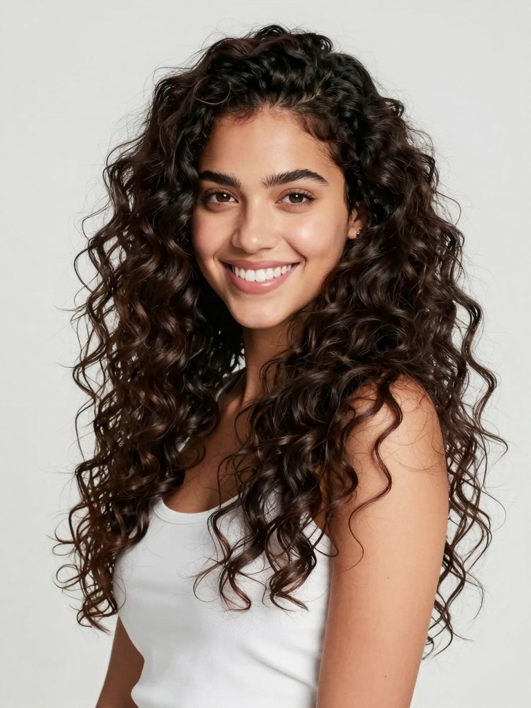 Woman B with long curly hair — the style reference for virtual hairstyle try on