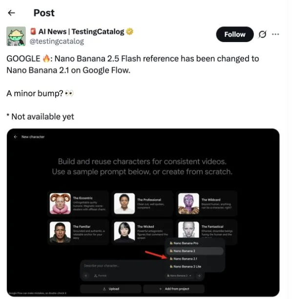 Screenshot of TestingCatalog reporting that a Nano Banana 2.5 Flash reference changed to Nano Banana 2.1 in Google Flow