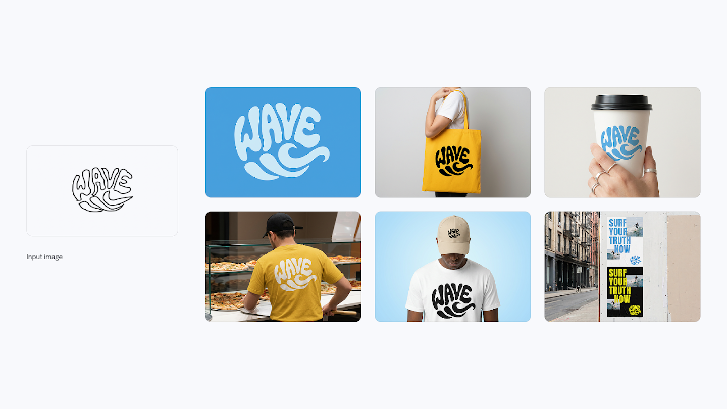 WAVE logo branding identity system across merchandise mockups generated by Nano Banana Pro