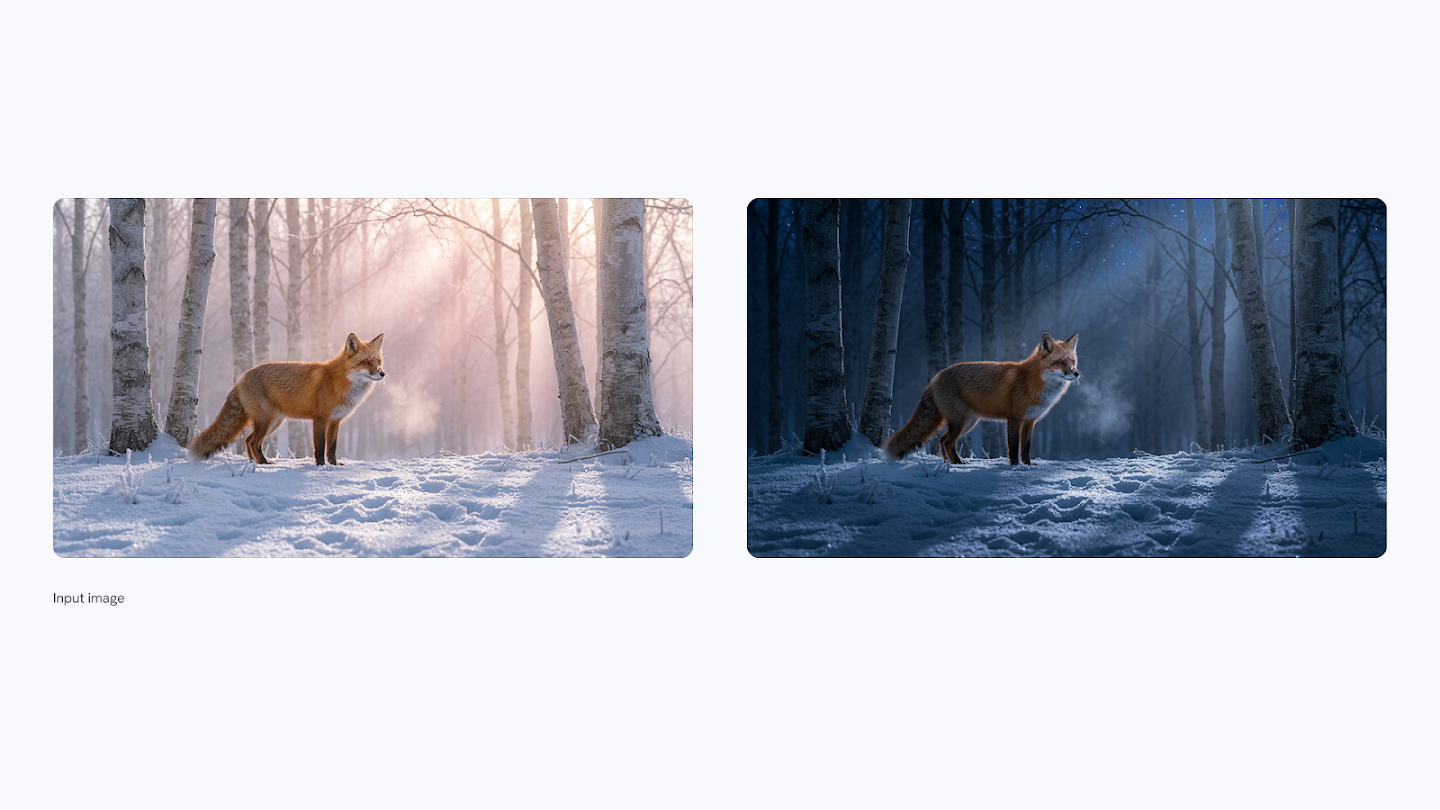 Red fox in snowy birch forest transformed from warm pink to cool moonlit blue generated by Nano Banana Pro