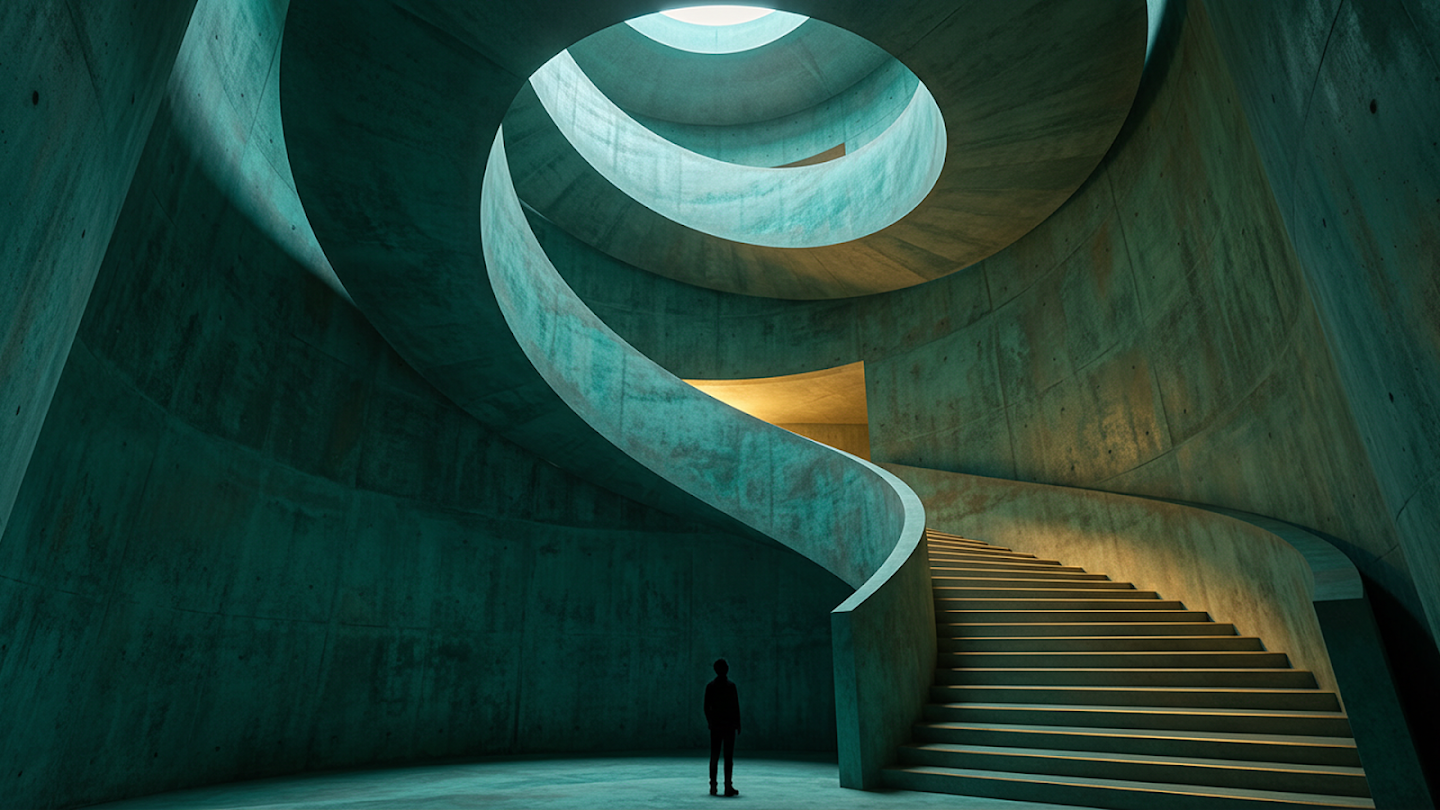 Dramatic spiraling brutalist concrete staircase with teal and warm lighting generated by Nano Banana Pro