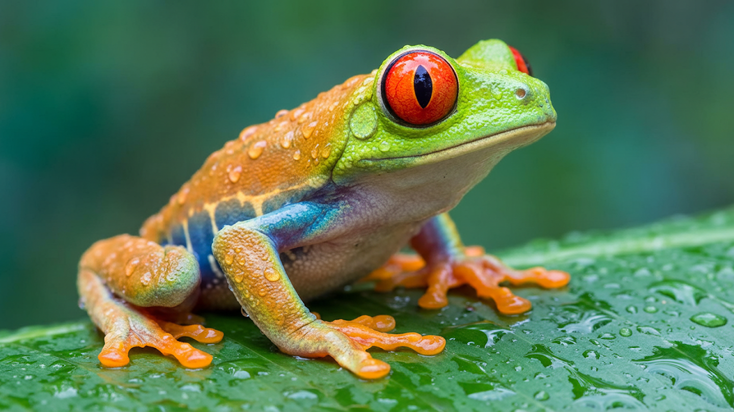 Macro close-up of a vibrant red-eyed tree frog on a dewy green leaf generated by Nano Banana Pro