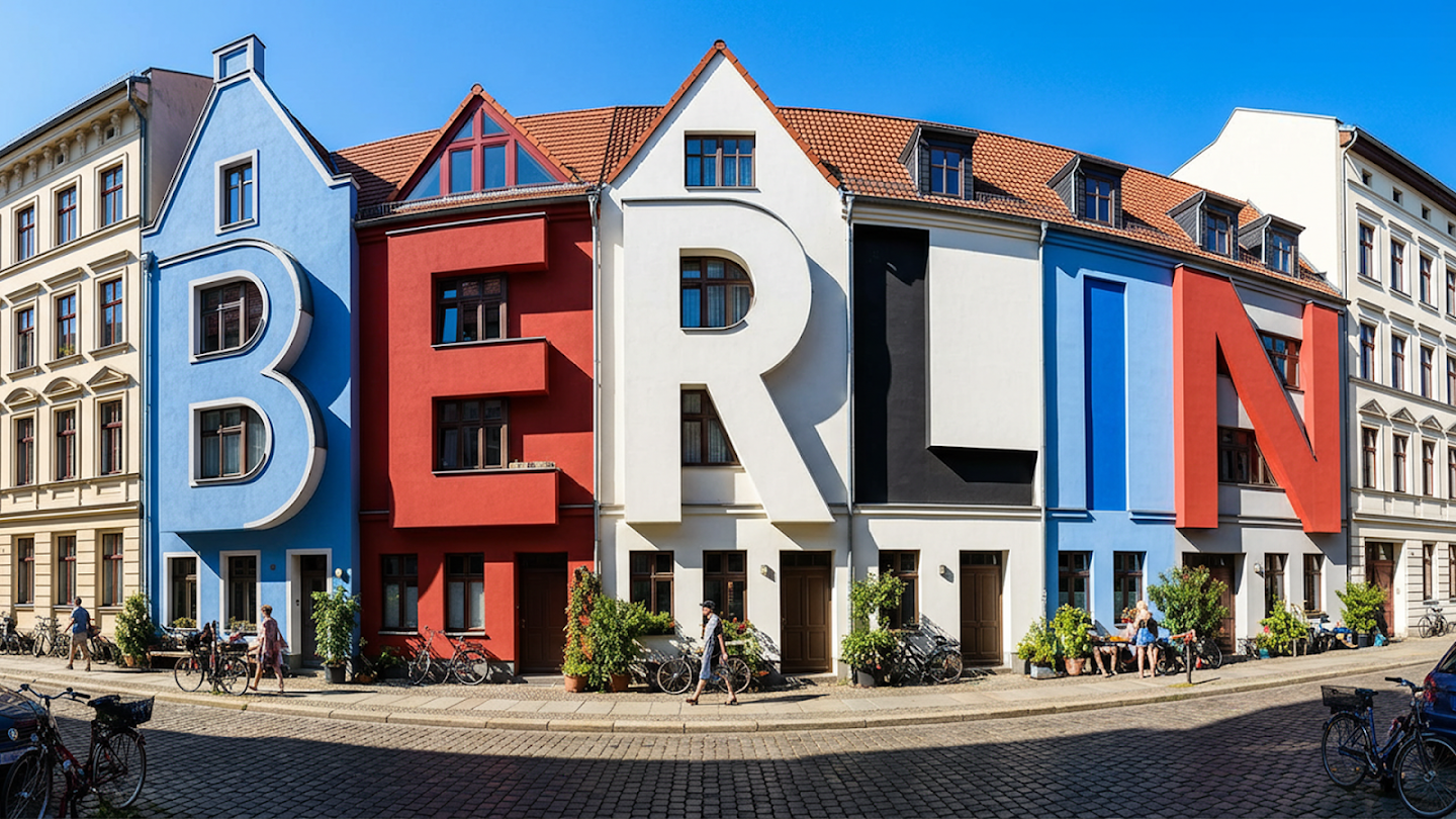 Street view of colorful row houses shaped like the letters BERLIN generated by Nano Banana Pro