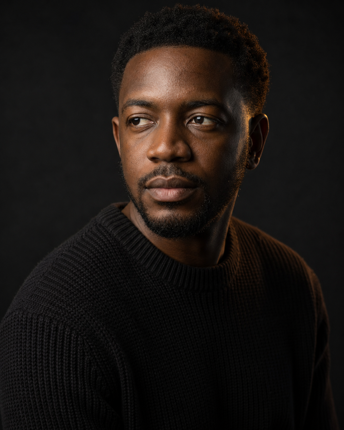 Cinematic studio portrait of a man with Rembrandt lighting on a dark background