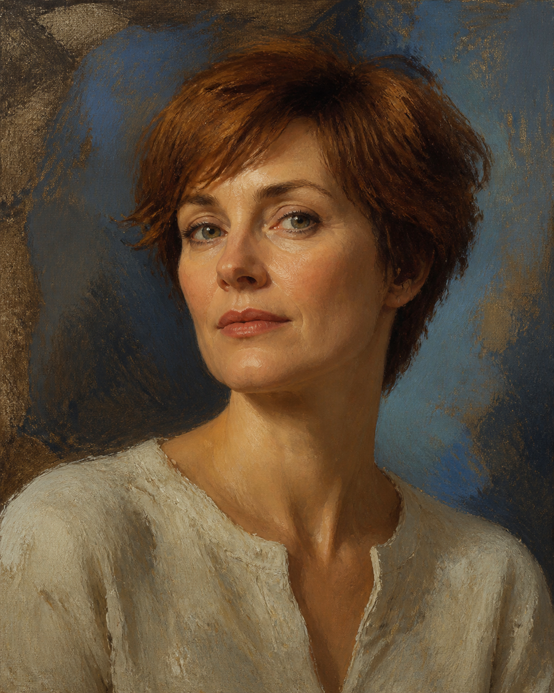 Contemporary oil painted portrait with blue and umber brushwork