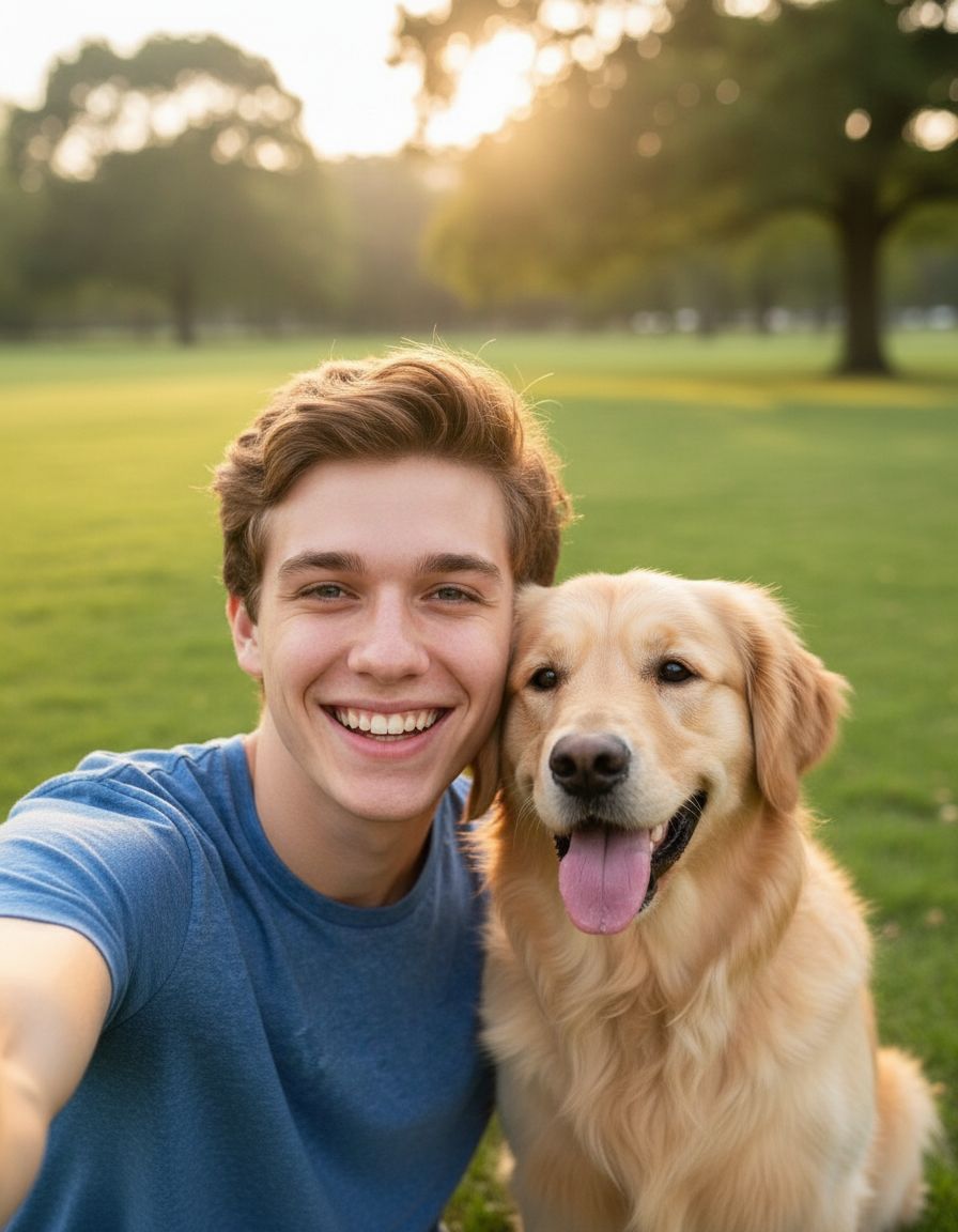 Nano banana dog selfie - AI generated selfie of a young man with a golden retriever