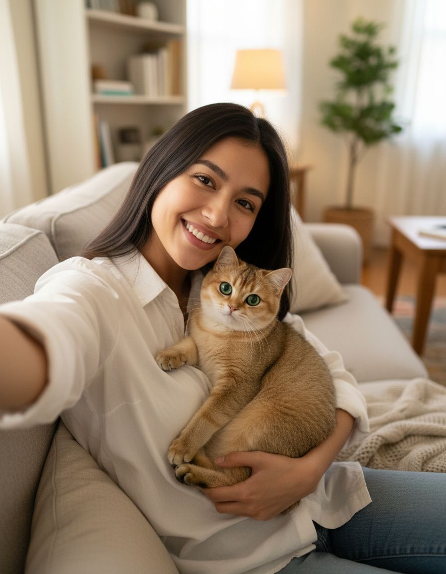 AI generated selfie of a young woman cuddling a tabby cat by Nano Banana