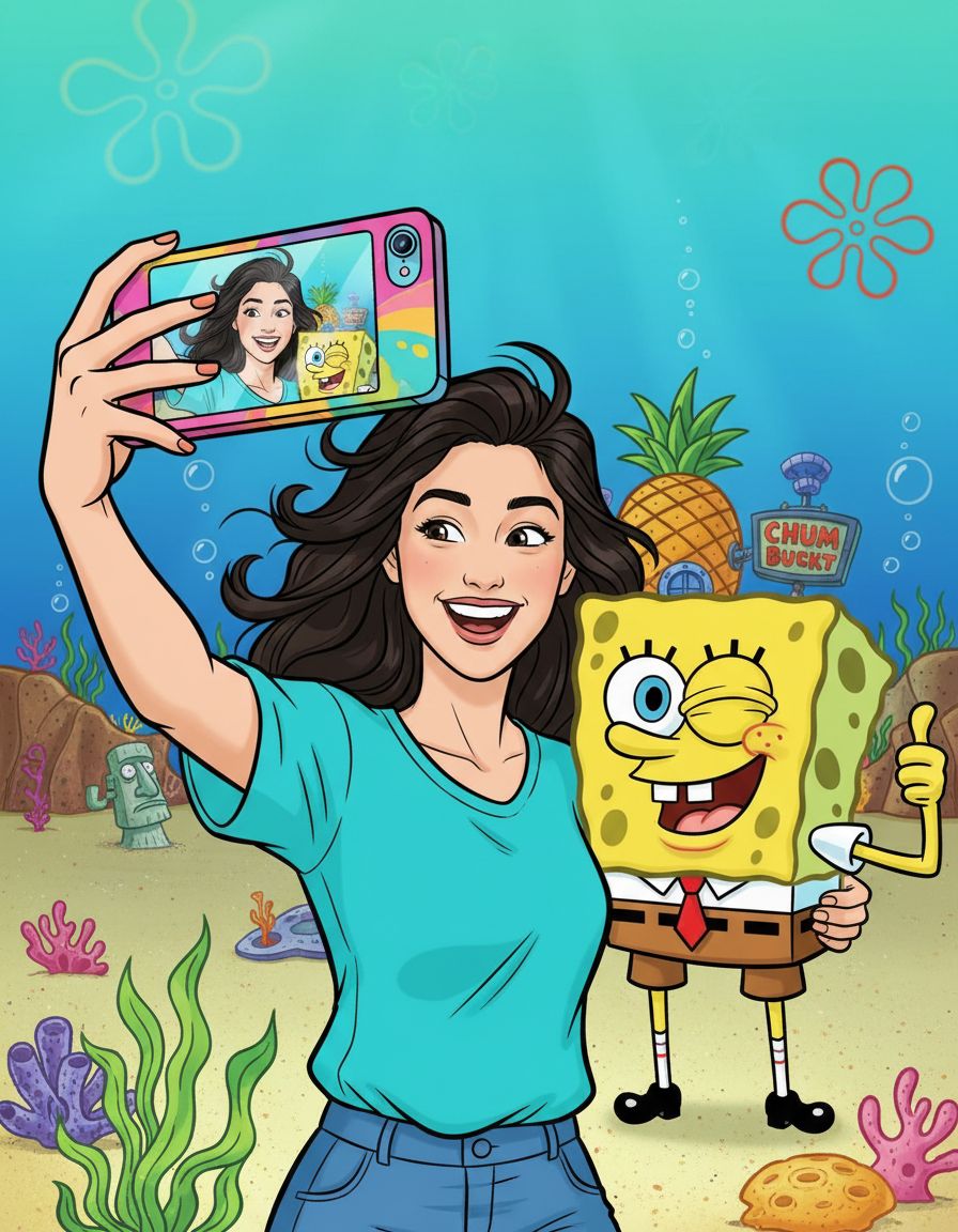 AI cartoon selfie with SpongeBob SquarePants generated by Nano Banana