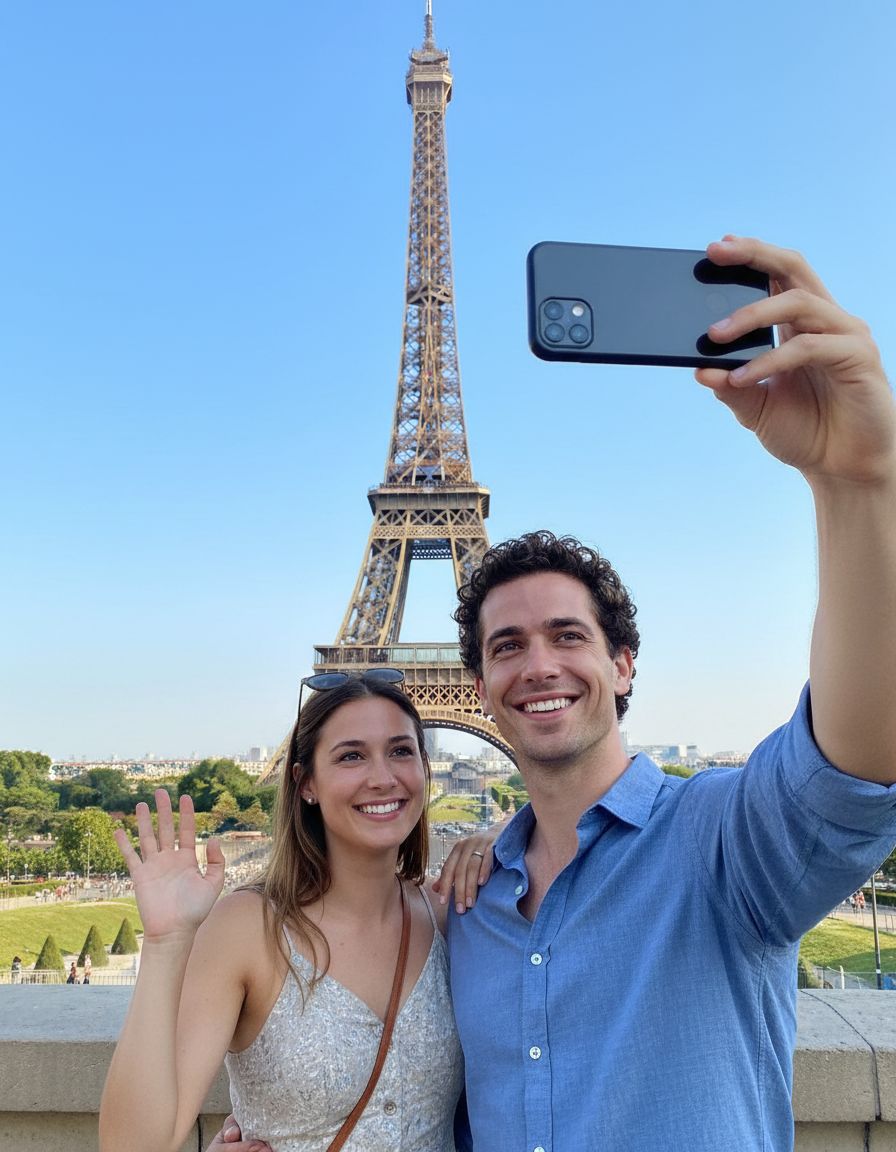 AI history selfie at the Eiffel Tower in Paris generated by Nano Banana