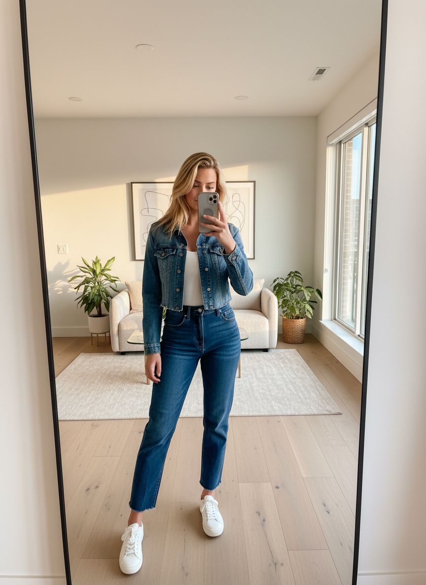 AI generated mirror selfie of a stylish American woman in a modern apartment