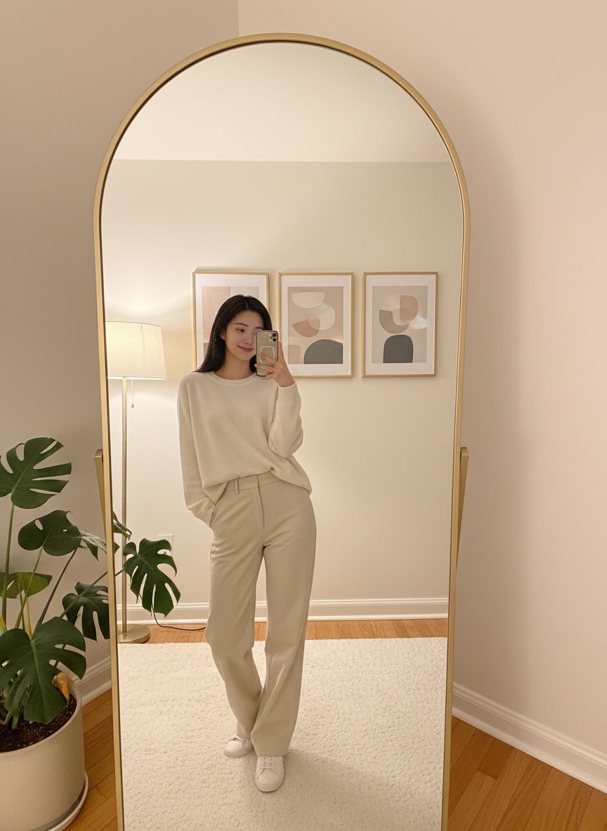AI generated mirror selfie of an Asian woman in a cozy aesthetic bedroom